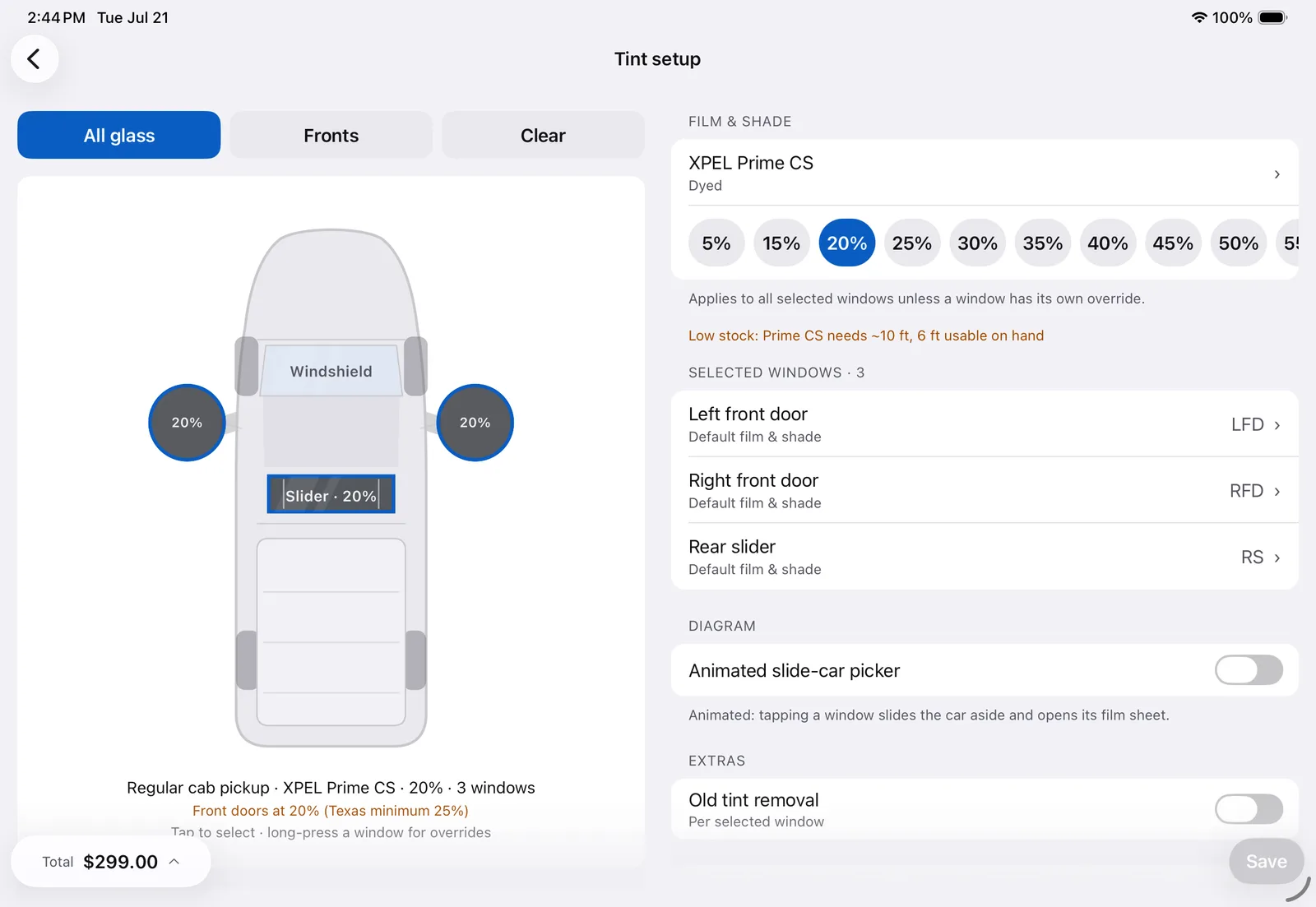 TintBay on iPad: the tint editor, a top-down car with each window's film and shade