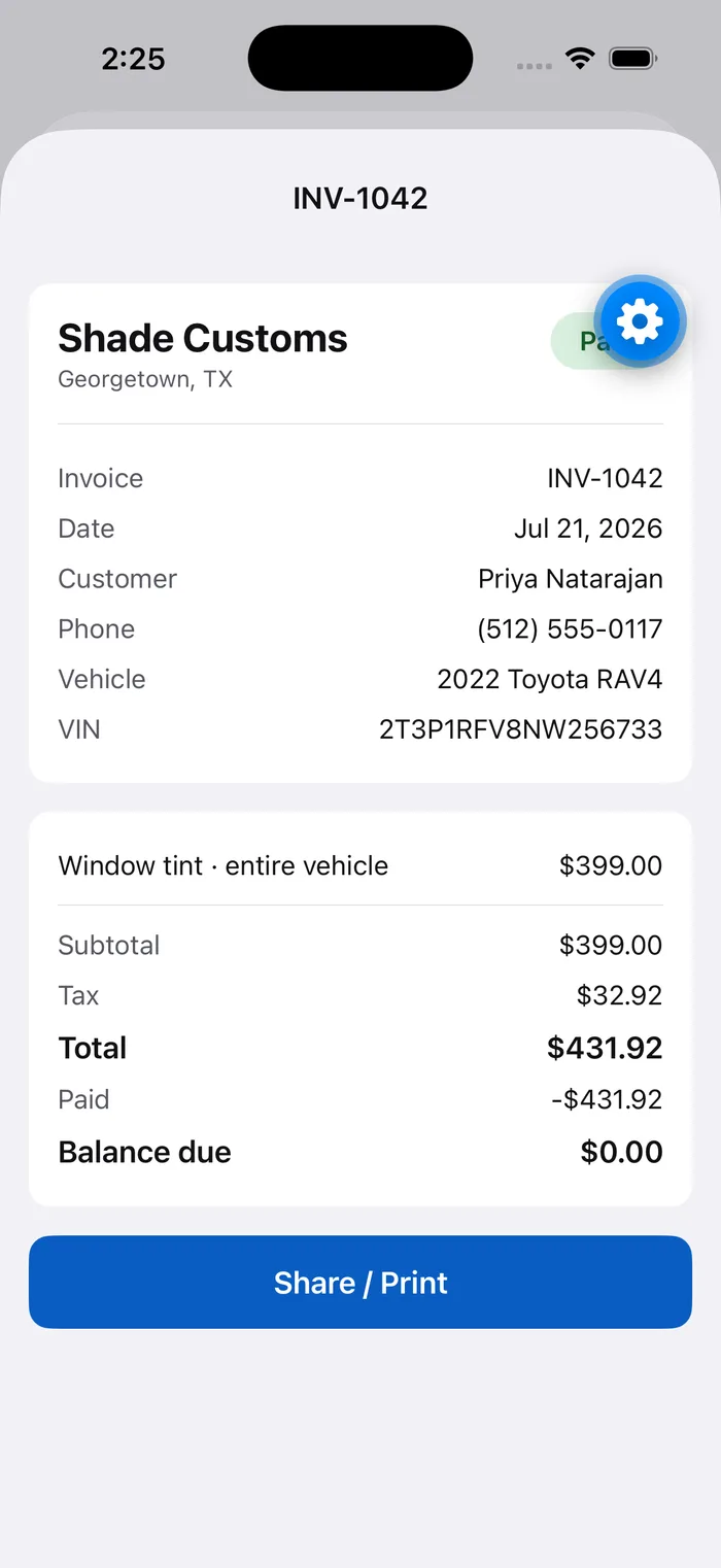 TintBay on iPhone: a finished invoice ready to share