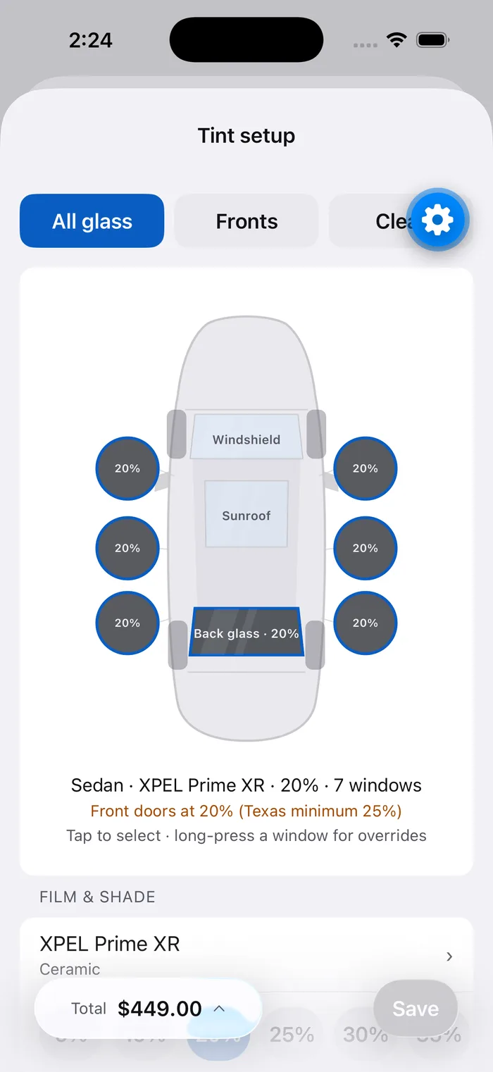 TintBay on iPhone: tint setup for a sedan